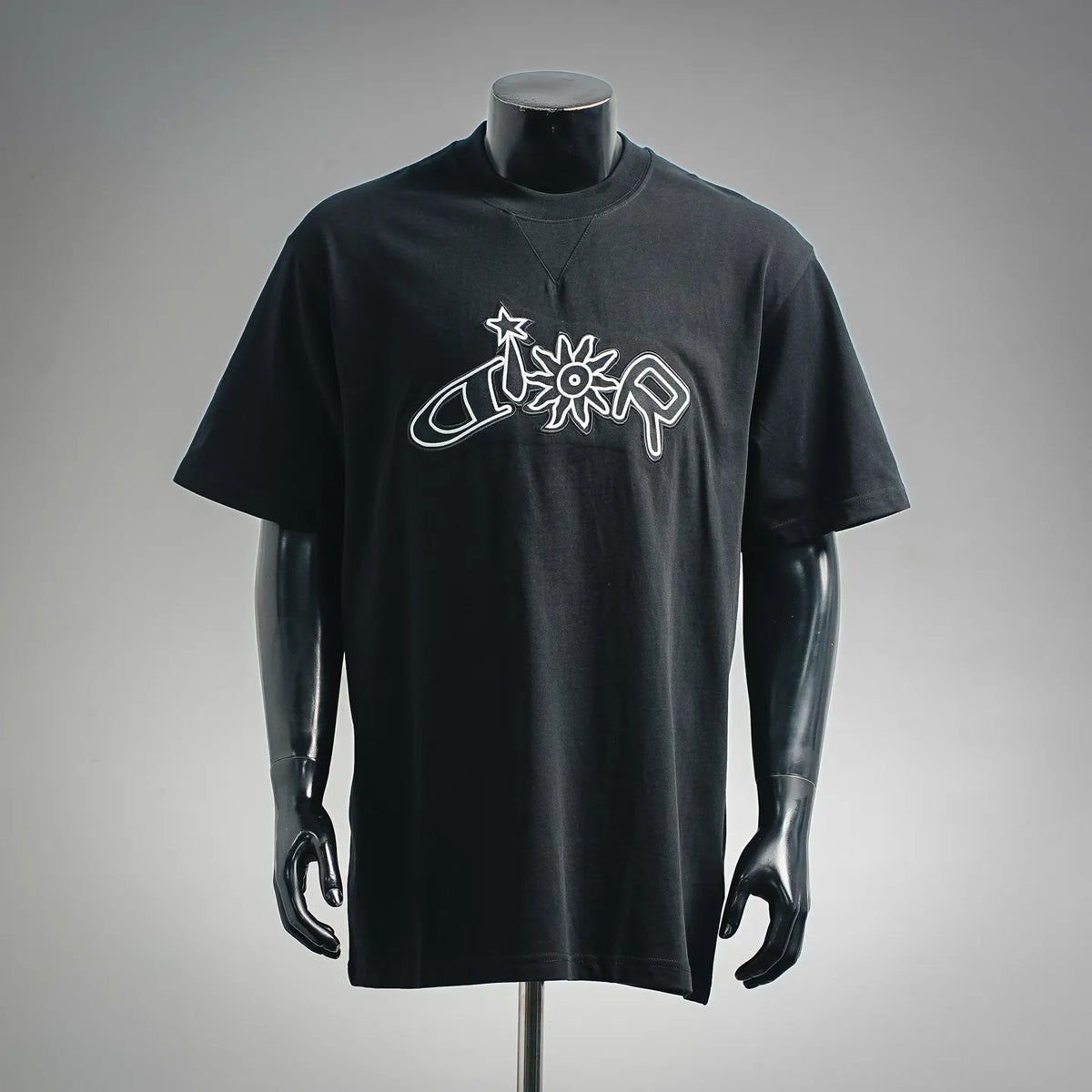 Black Dior crewneck T-shirt with large white star flower graphic on chest