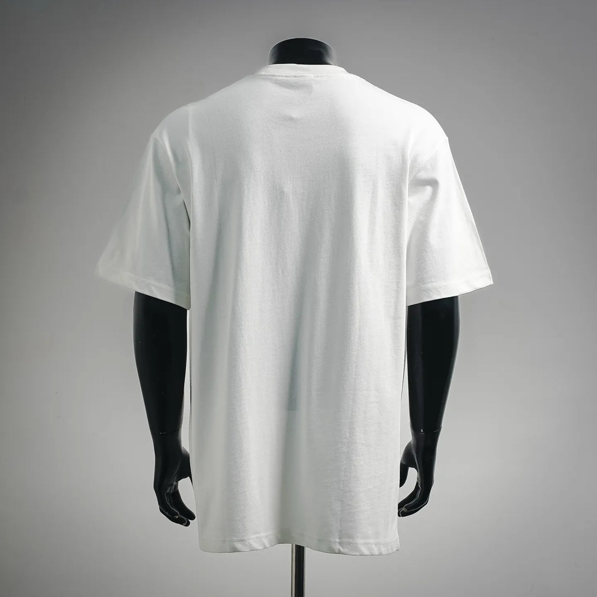 White short-sleeve T-shirt, back view, crew neck on a mannequin