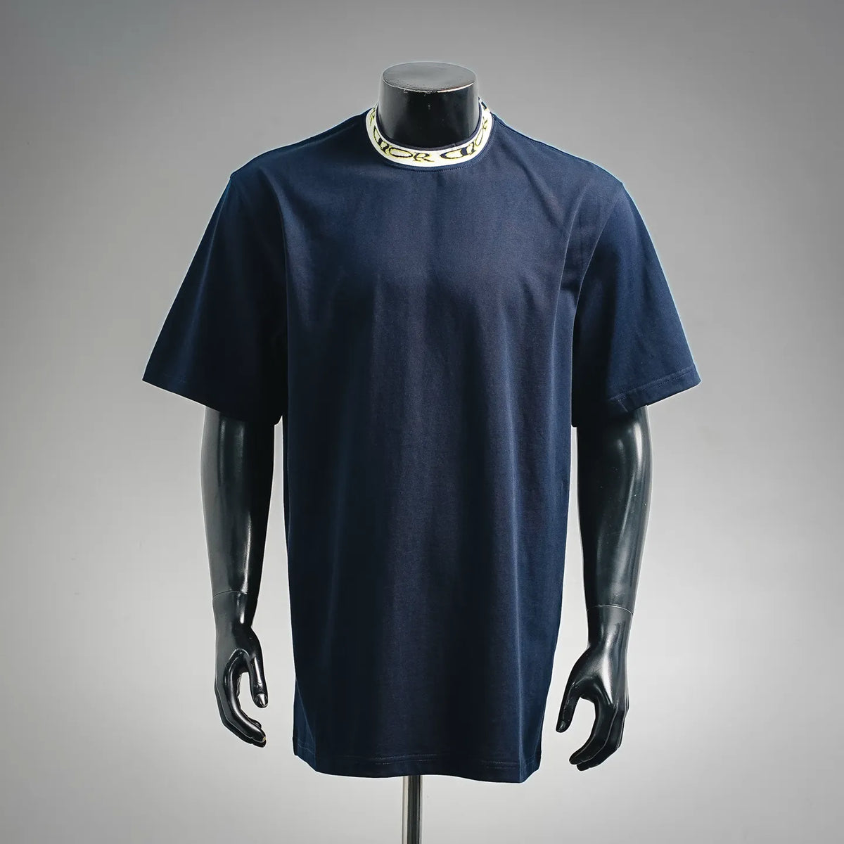 Dior short-sleeve T-shirt, navy blue, crew neck, yellow and white logo trim collar