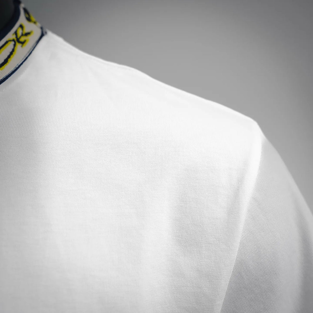 White T-shirt shoulder and sleeve fabric close-up