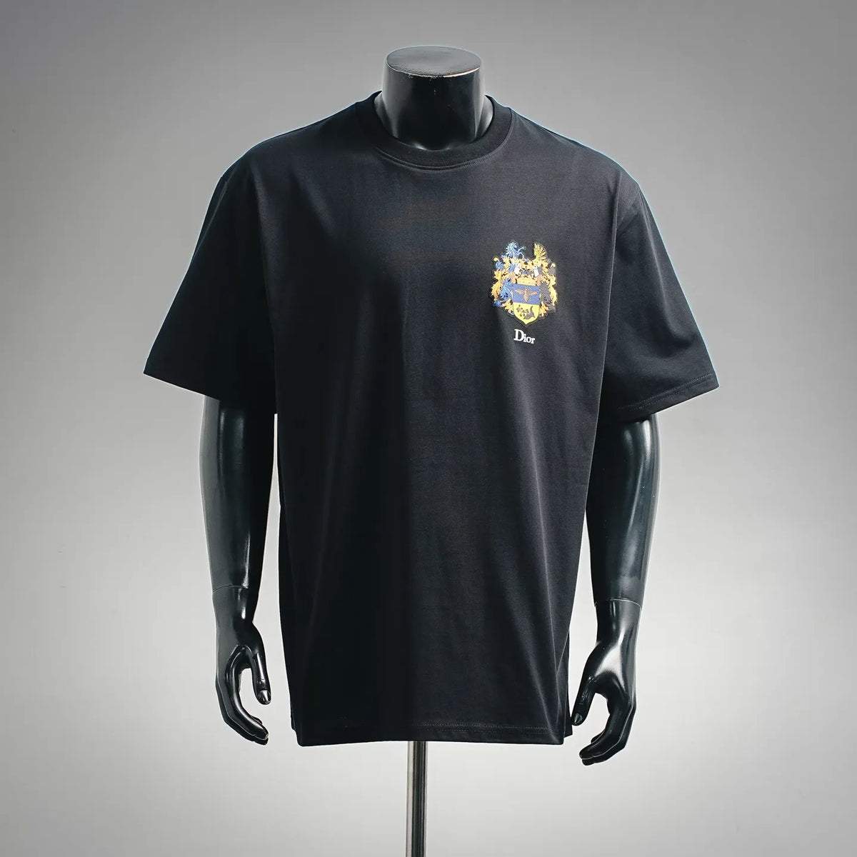 Dior short-sleeve T-shirt, dark crew neck, front embroidered crest detail
