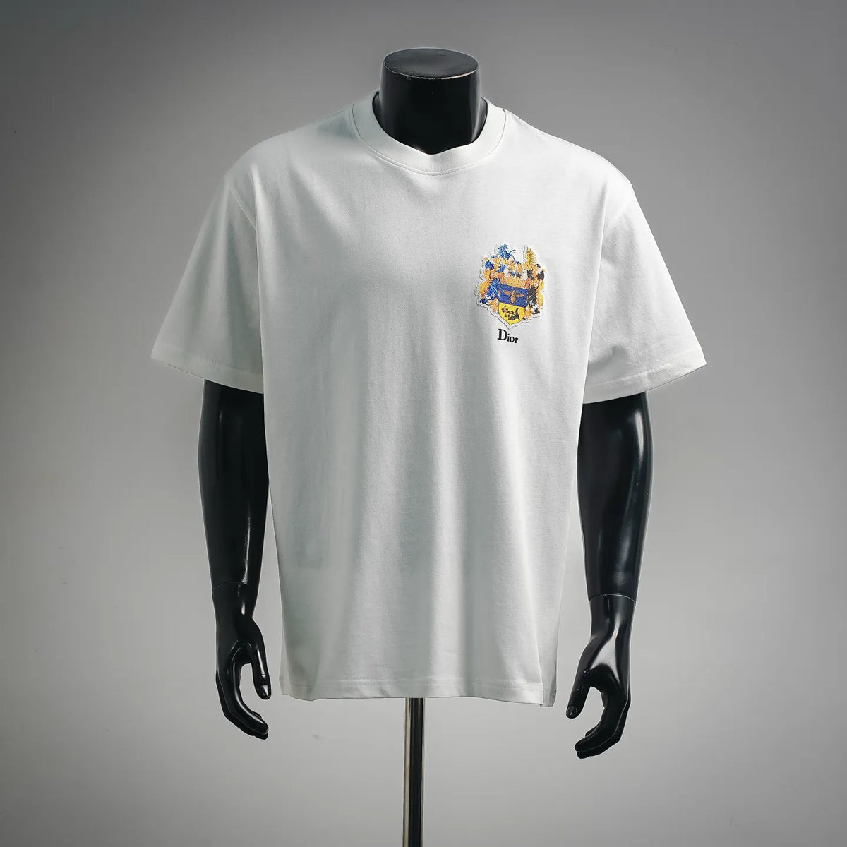 White Dior crewneck T-shirt with colorful crest logo on the chest
