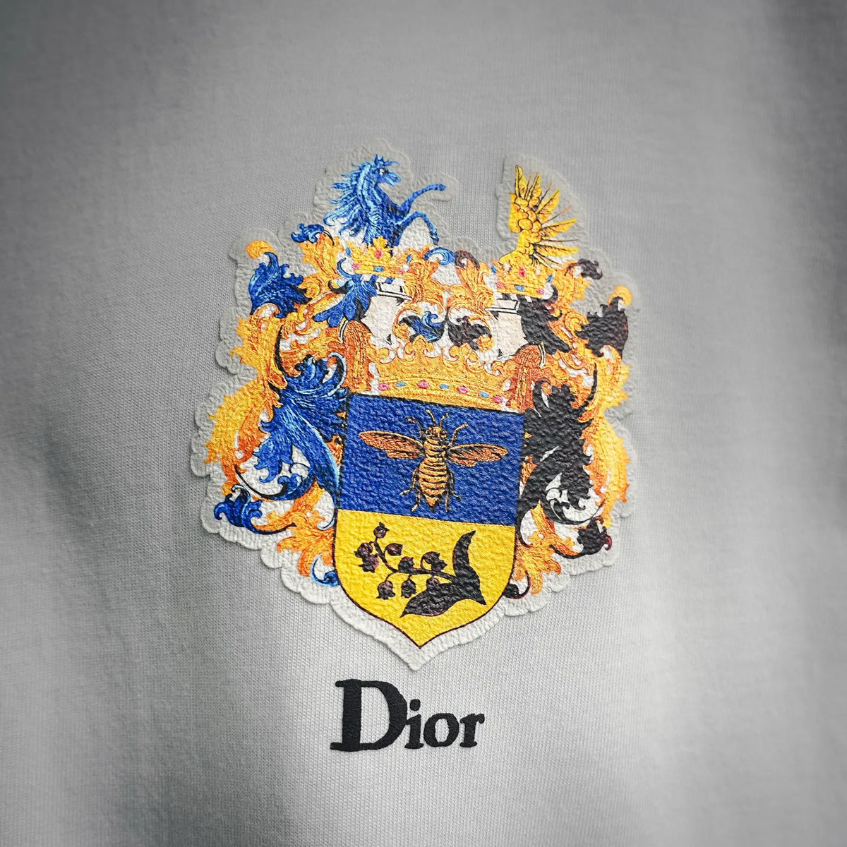 Colorful Dior crest patch with black “Dior” text on white T-shirt