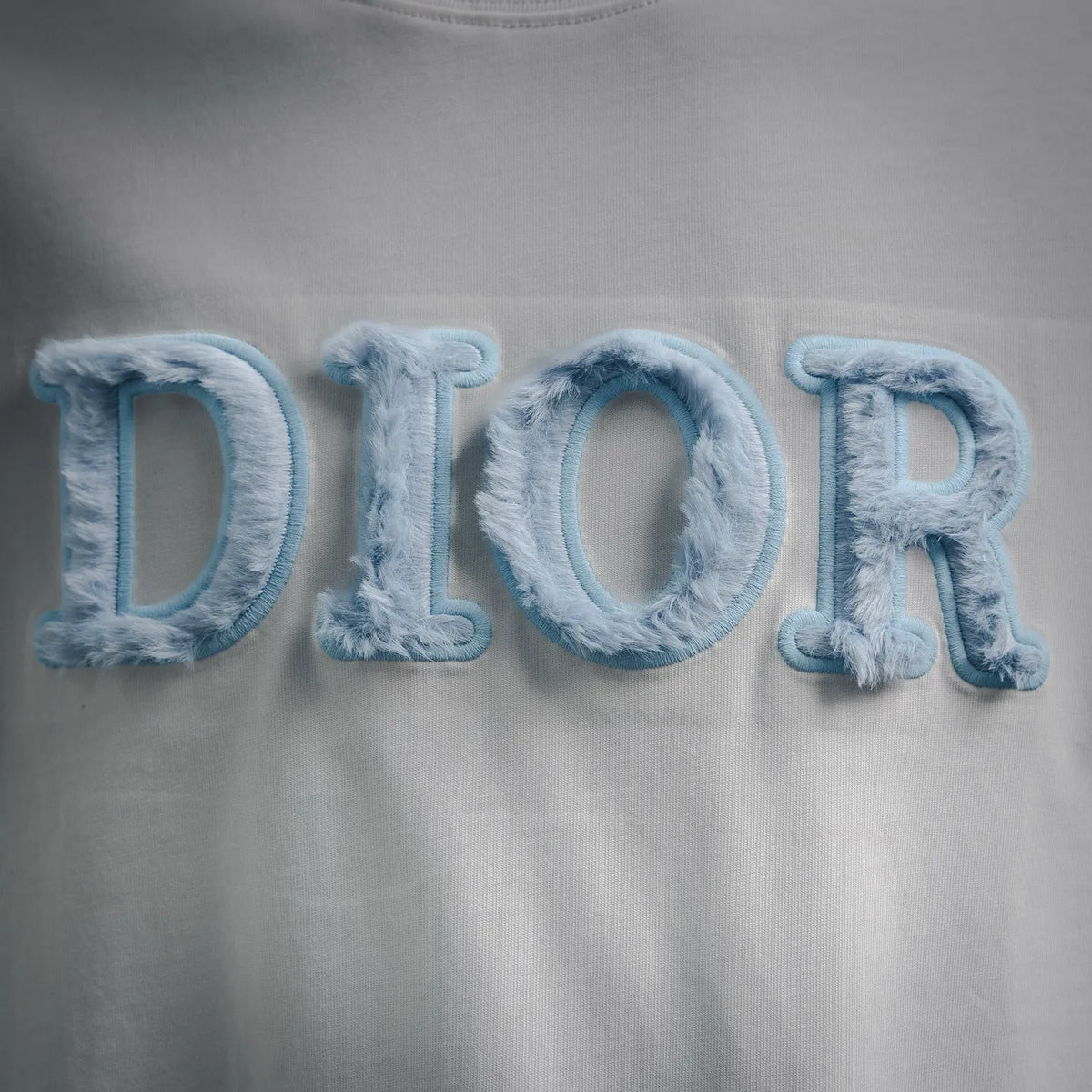 Close-up of fuzzy blue “DIOR” lettering on white crewneck T-shirt
