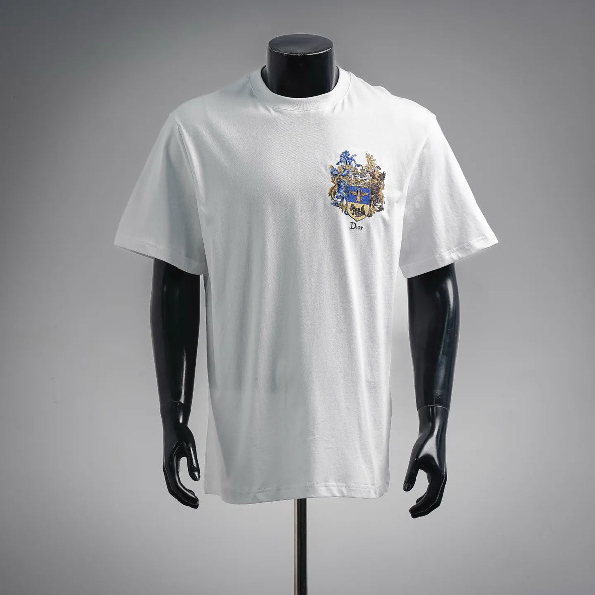 White crewneck T-shirt with embroidered crest and Dior logo on chest