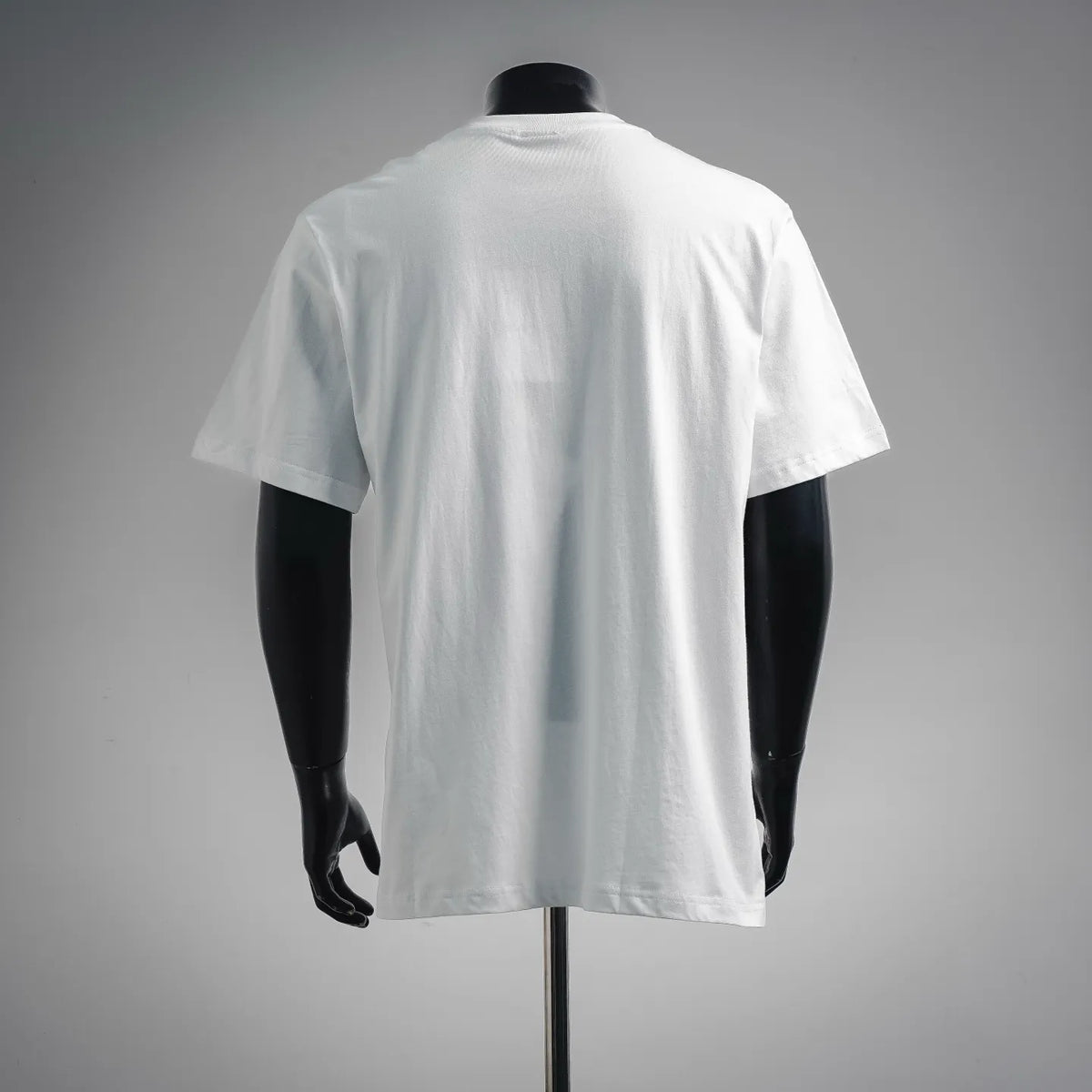 White crewneck T-shirt back view with short sleeves and clean neckline