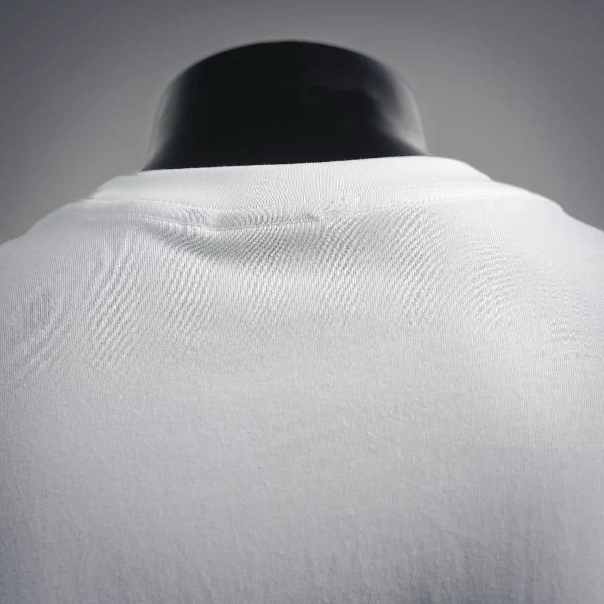White T-shirt back neckline close-up with smooth crew collar