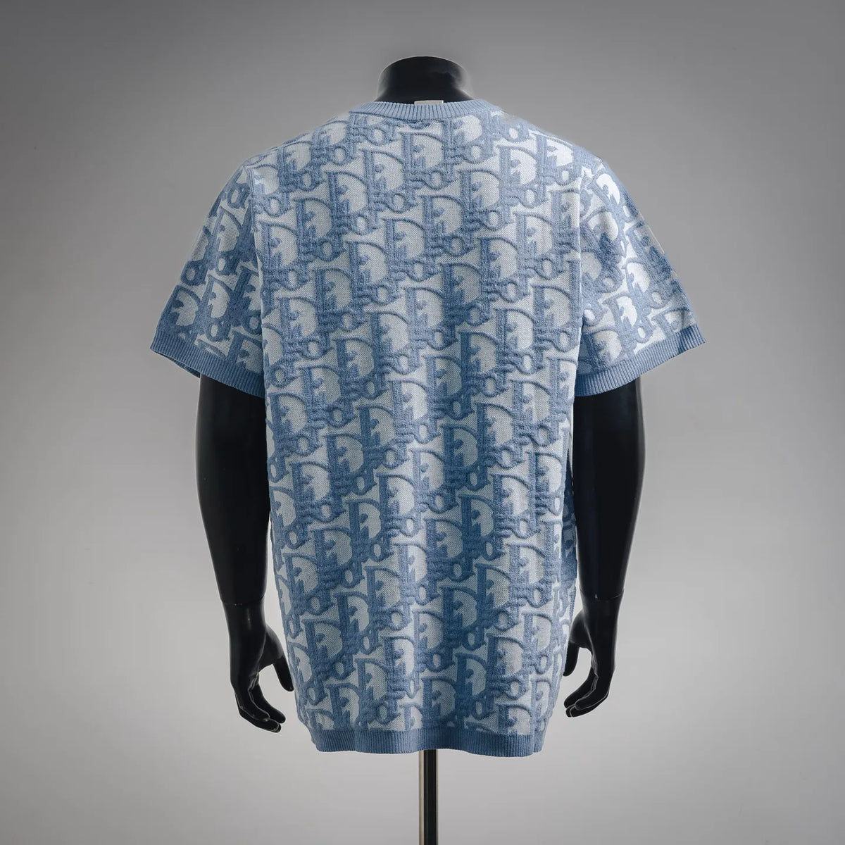 Light blue knit short-sleeve crewneck sweater with repeating Dior pattern, shown from back.