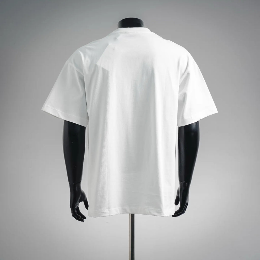 White short-sleeve crewneck t-shirt, back view on mannequin