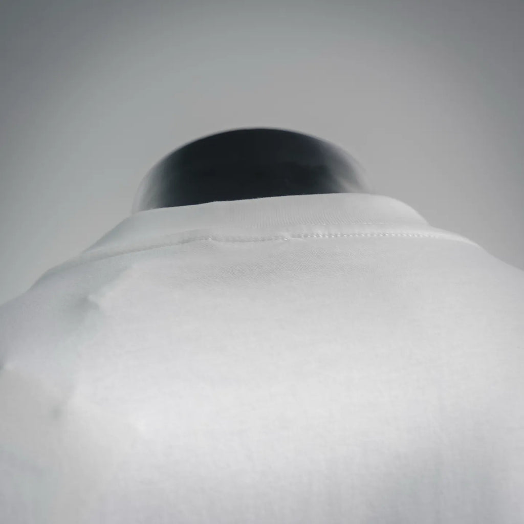 White t-shirt neckline and back seam detail on mannequin