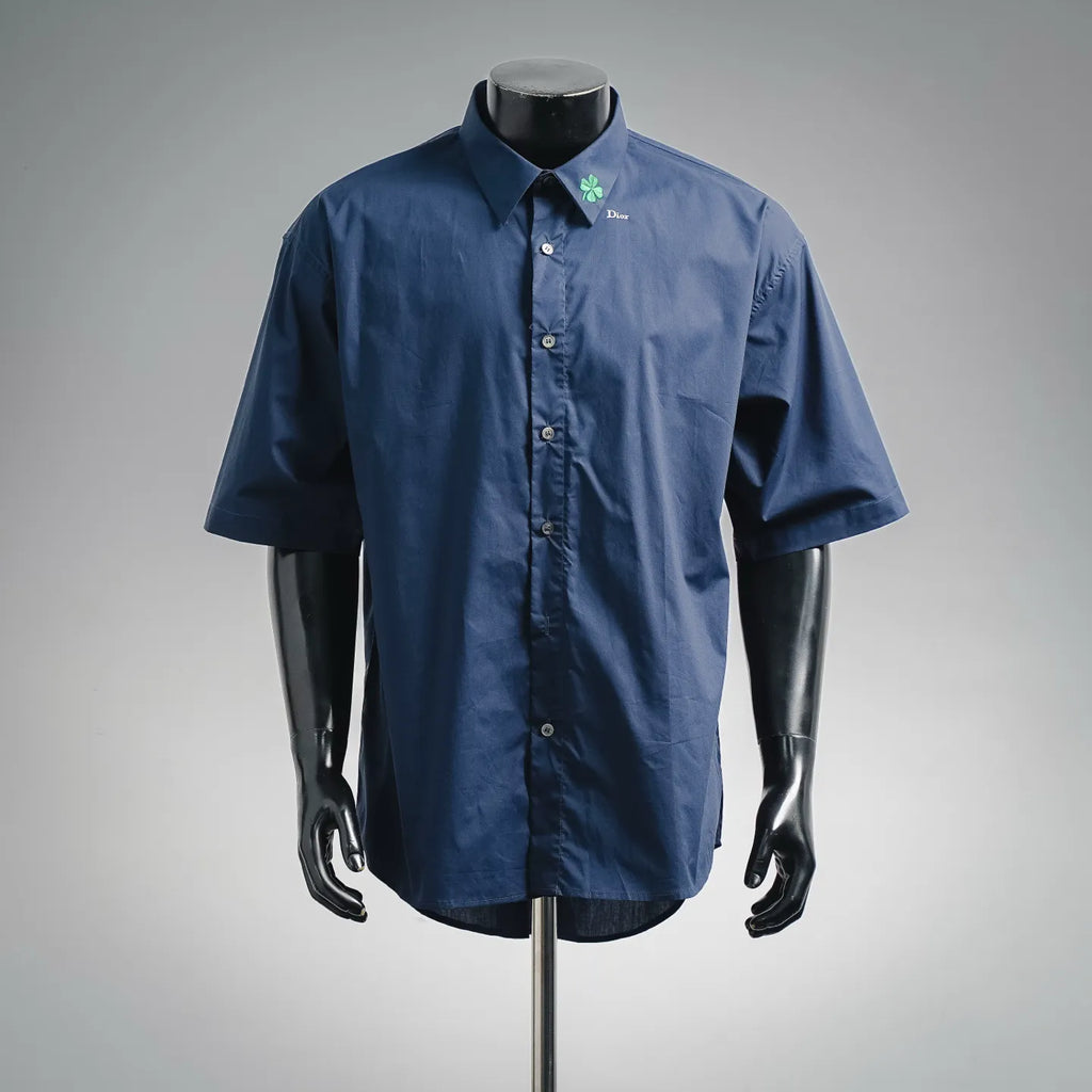 Dior short-sleeve button-up shirt, dark blue with button front and green clover logo