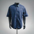 Dior short-sleeve button-up shirt, dark blue with button front and green clover logo