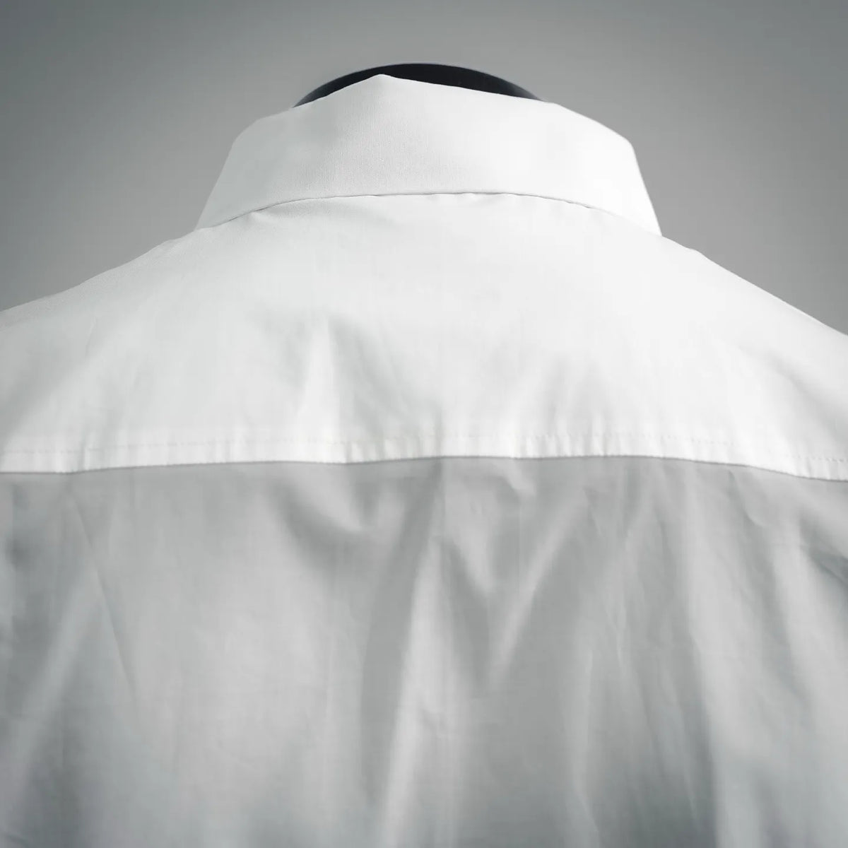 White short-sleeve shirt collar and back yoke close-up