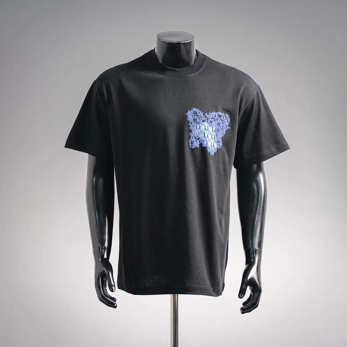 Black short-sleeve T-shirt with blue Dior monogram heart graphic