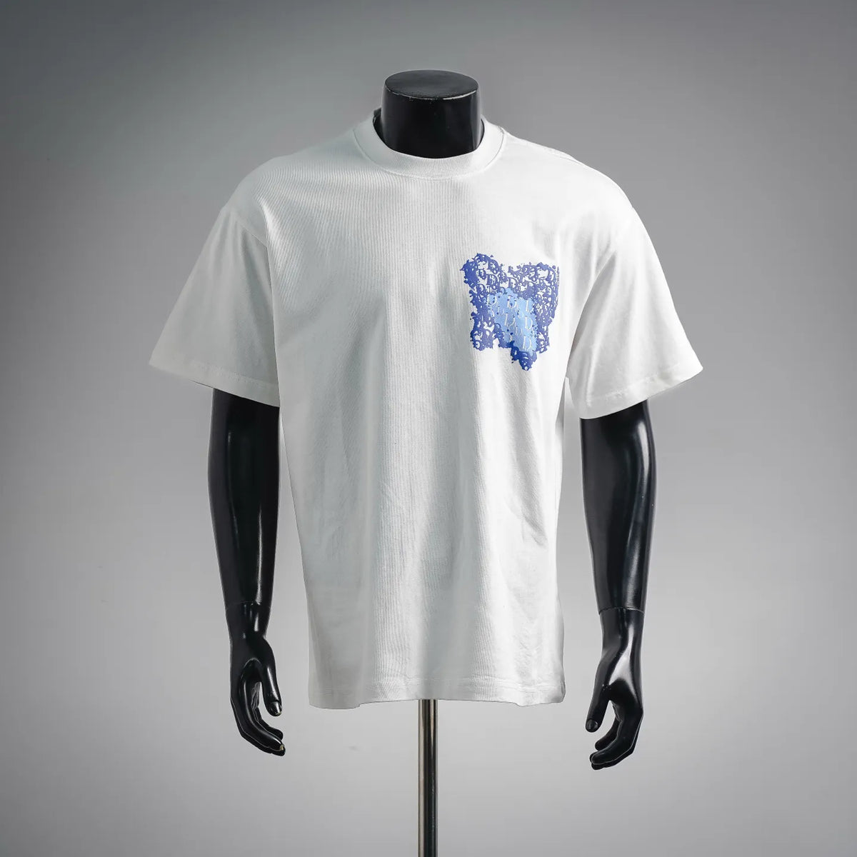 White short-sleeve T-shirt with blue abstract Dior logo graphic