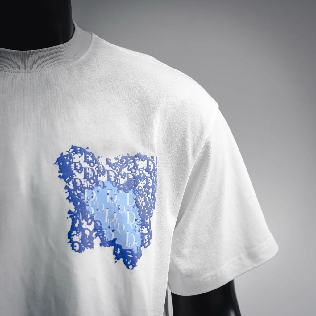White short-sleeve T-shirt with blue abstract chest graphic