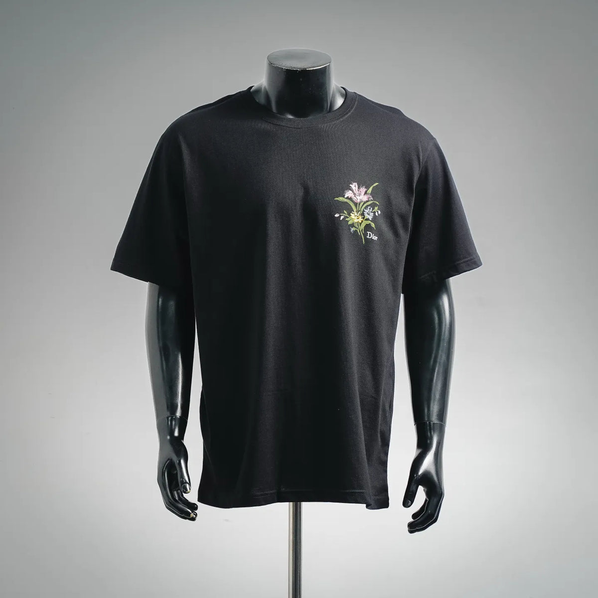 Black Dior T-shirt with small multicolor floral embroidery on the chest