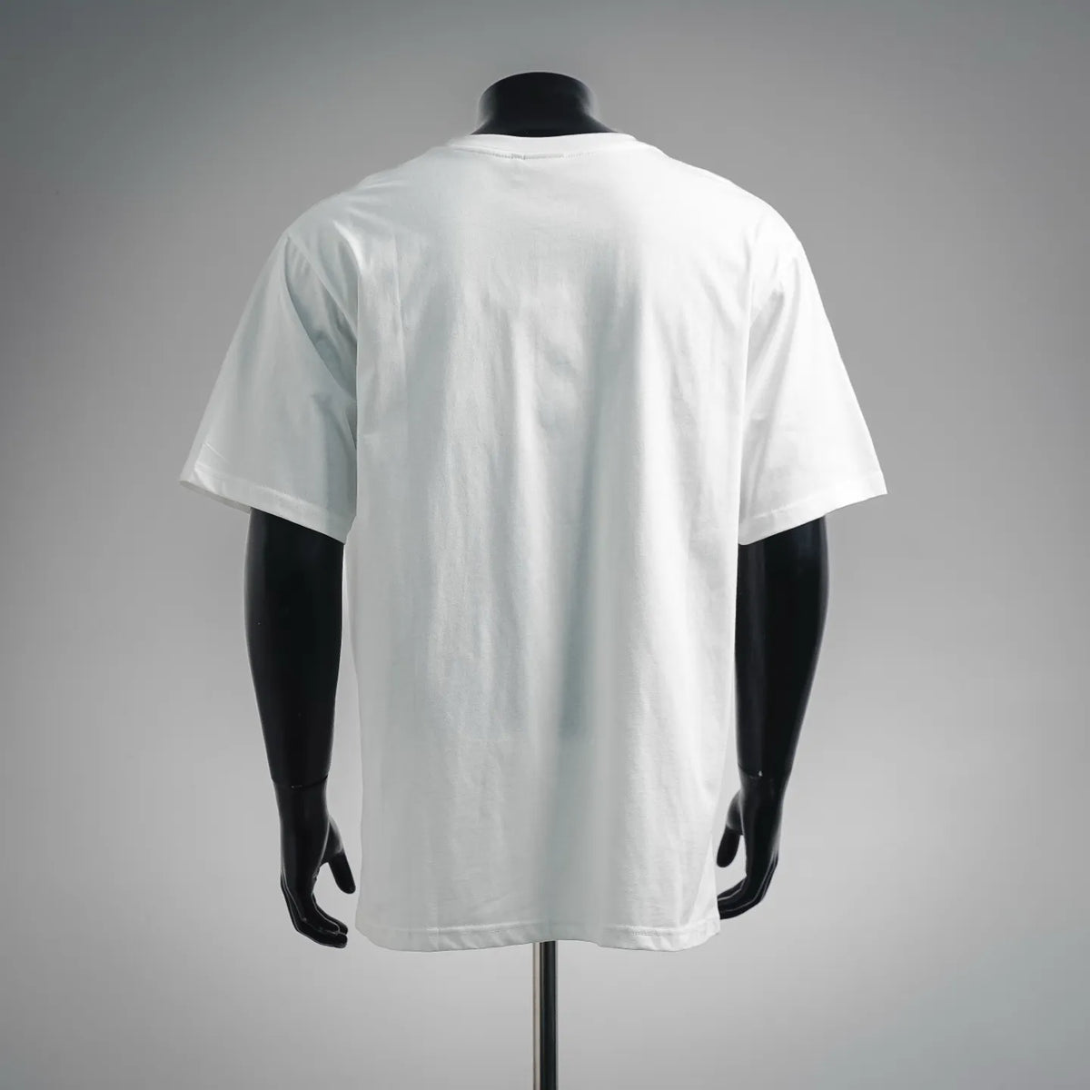 White short-sleeve T-shirt, back view on mannequin