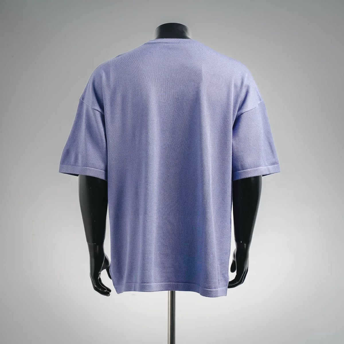 Light purple crewneck T-shirt with short sleeves, plain back on mannequin