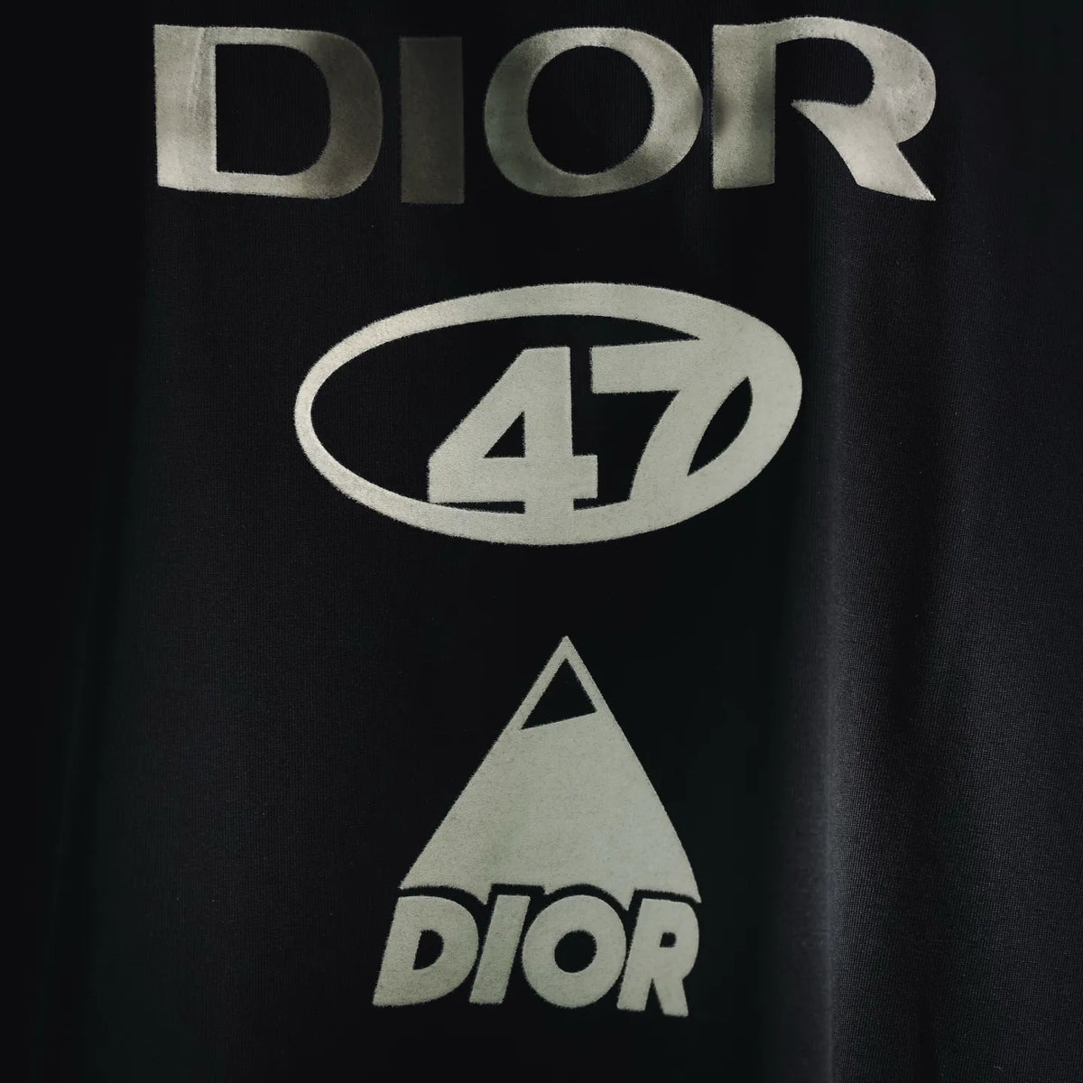 Dior T-shirt chest graphic close-up with DIOR text and 47 oval logo in white.
