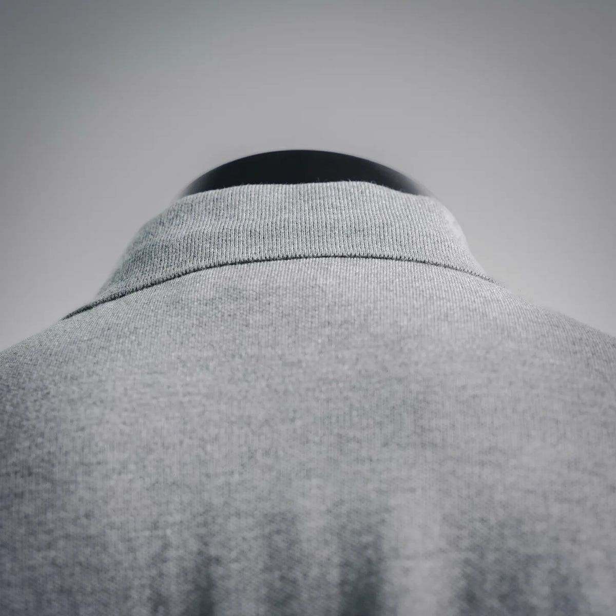 Gray polo shirt ribbed collar and back neckline detail