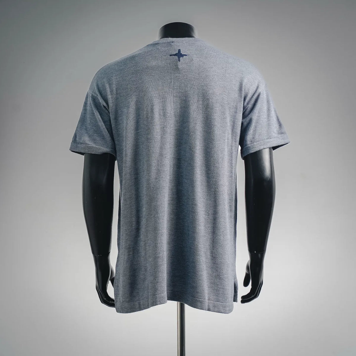 Men’s short-sleeve T-shirt, heather blue, with small blue graphic on the upper back
