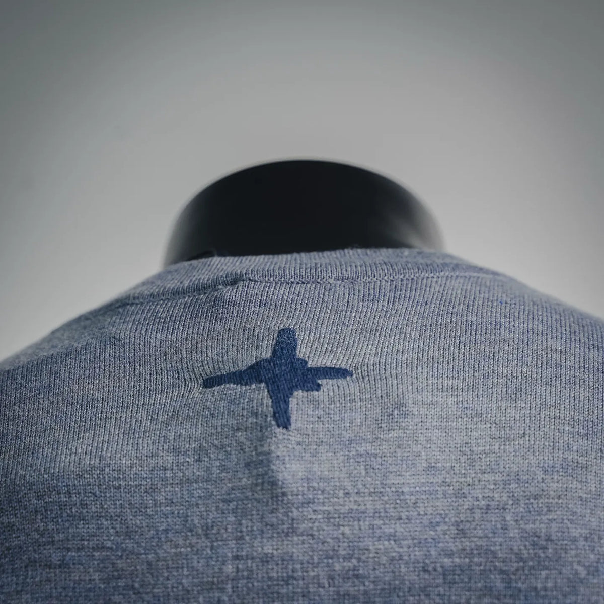 Heather blue short-sleeve T-shirt upper back with small airplane-style graphic