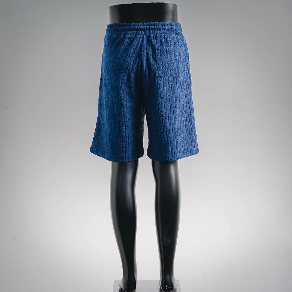 Dior blue textured pants with elastic waist and drawstring, back view