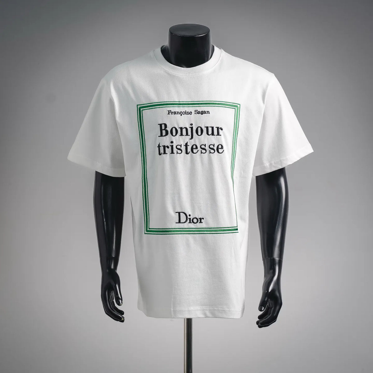 White crewneck T-shirt with front graphic print and green Dior border