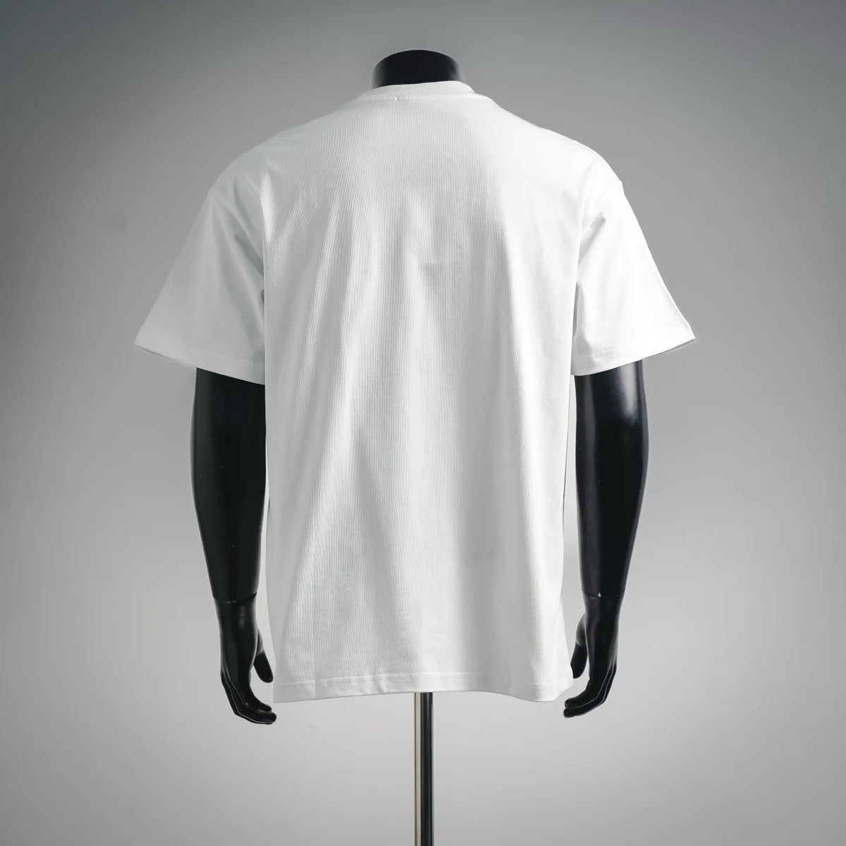 White crew-neck short-sleeve T-shirt back view on mannequin.