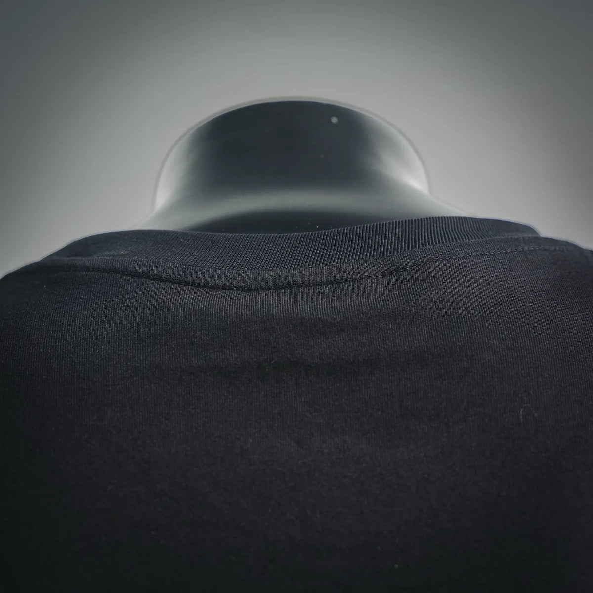 Black Dior T-shirt ribbed crew neck close-up on mannequin