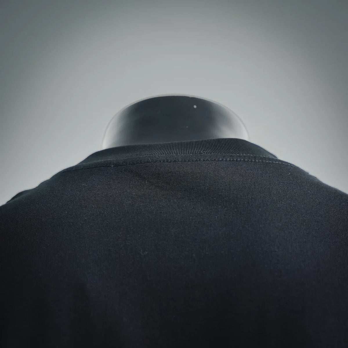 Back of black crewneck T-shirt with ribbed neckline and stitched collar