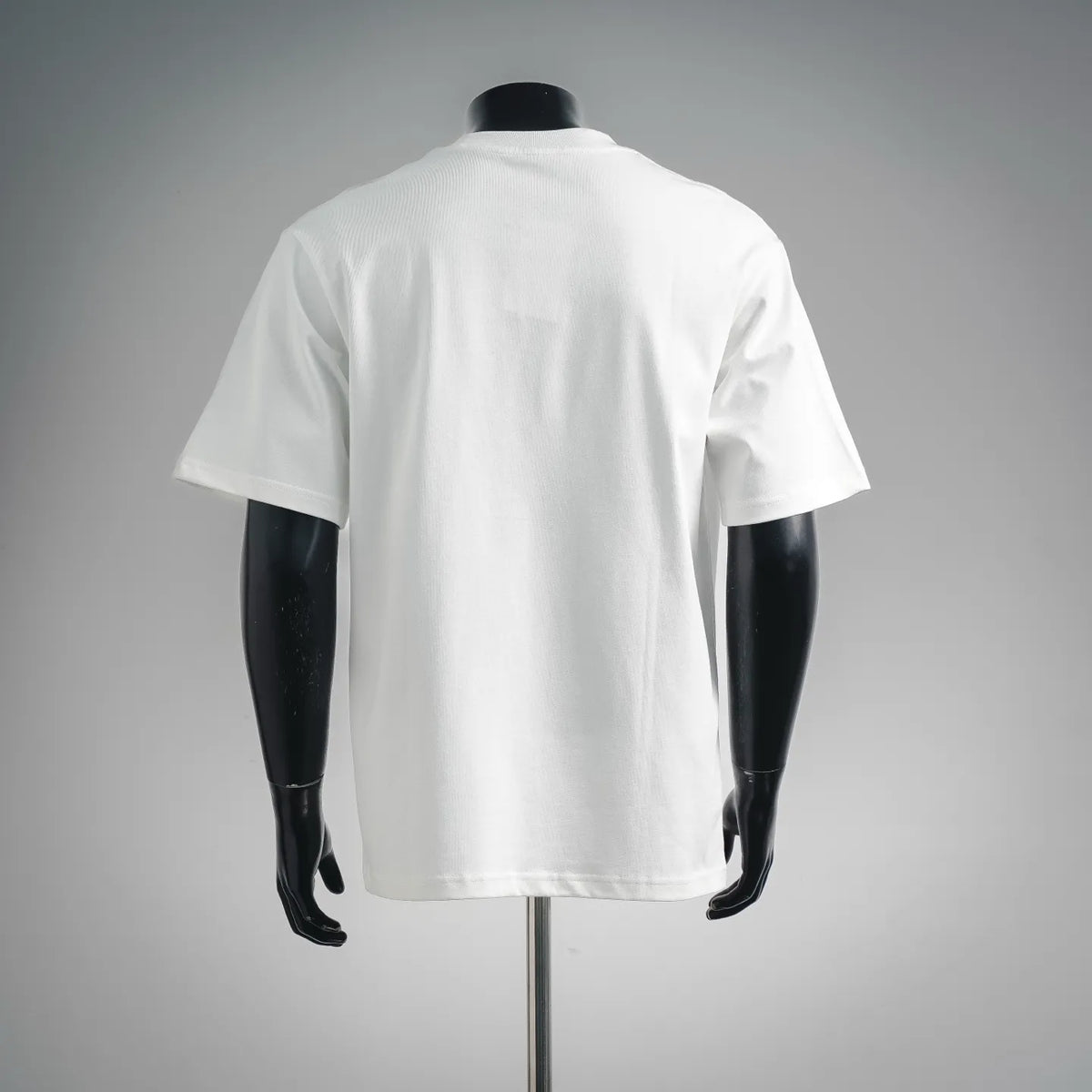 White crewneck T-shirt on mannequin, back view, short sleeves