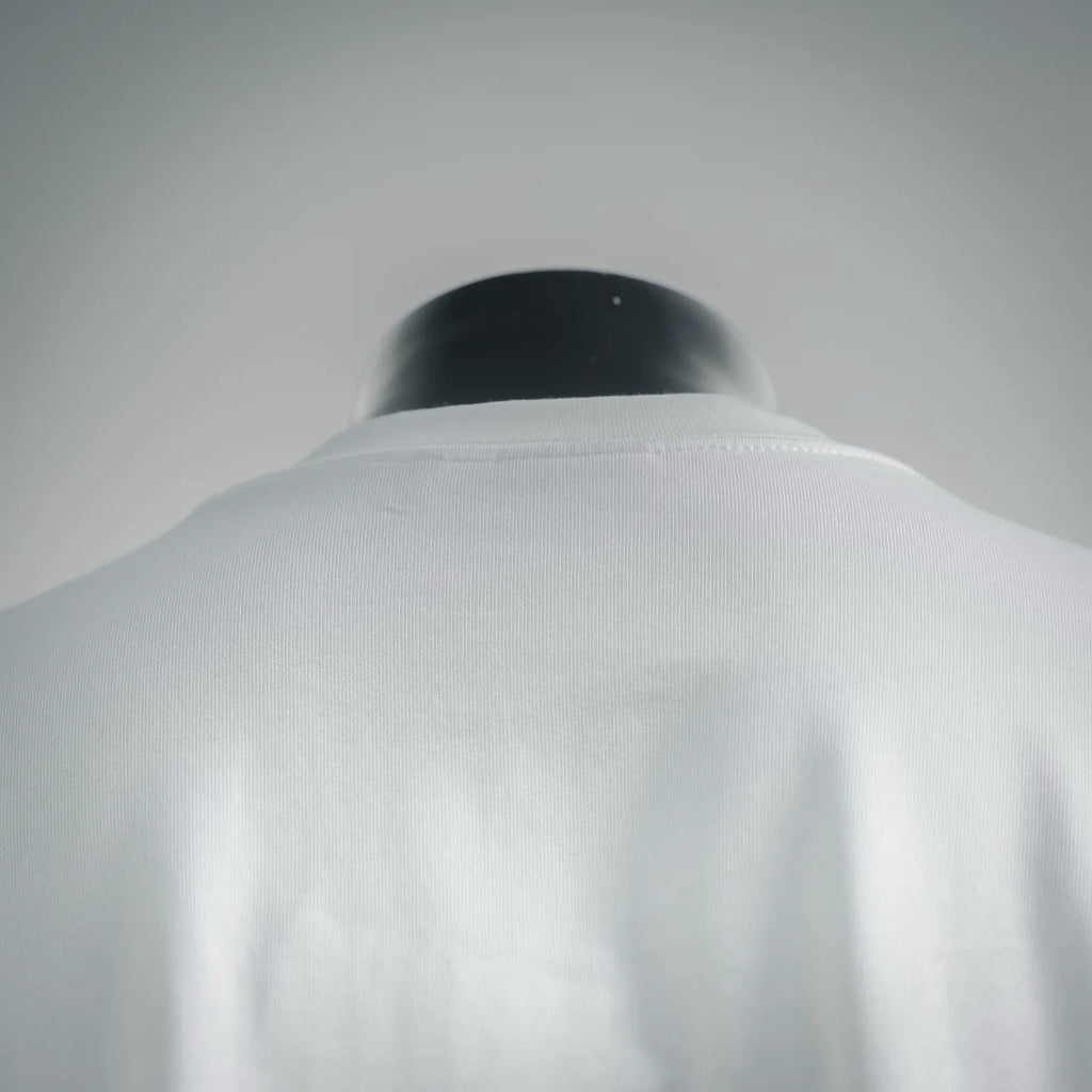 White T-shirt back view, crew neckline, smooth fabric