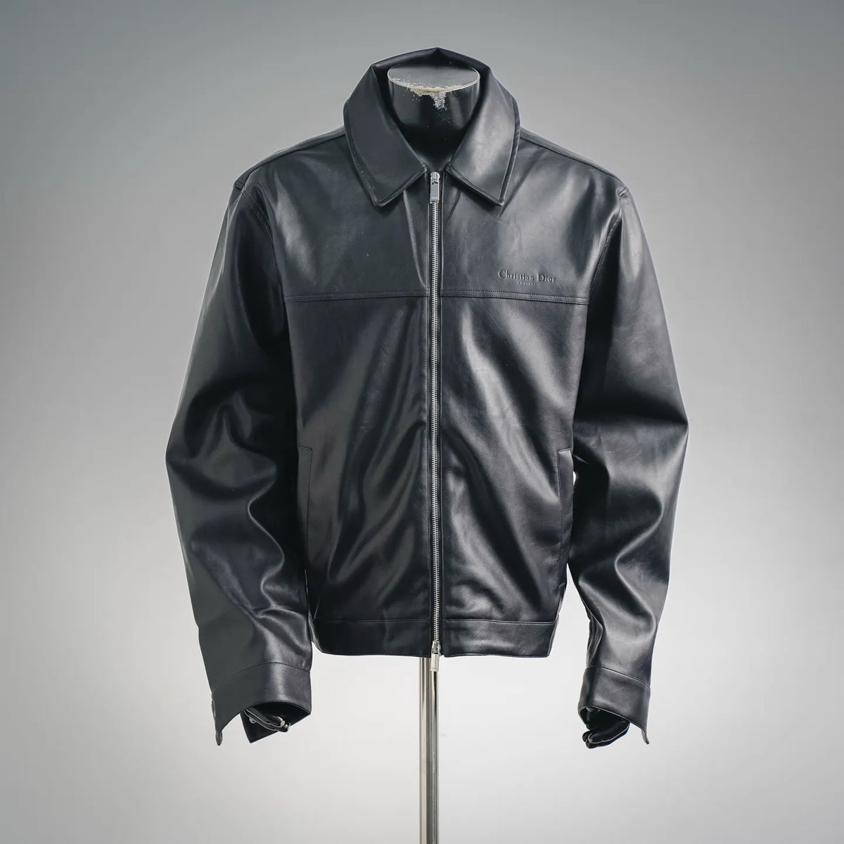 Christian Dior black leather zip-front jacket with stand collar and ribbed cuffs