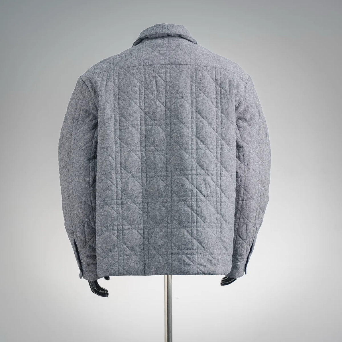 Back view of blue quilted Dior coat with stand collar