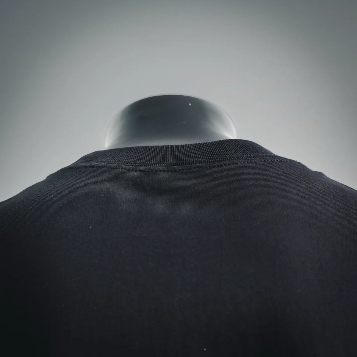 Black Dior crewneck T-shirt, ribbed neckline close-up on mannequin