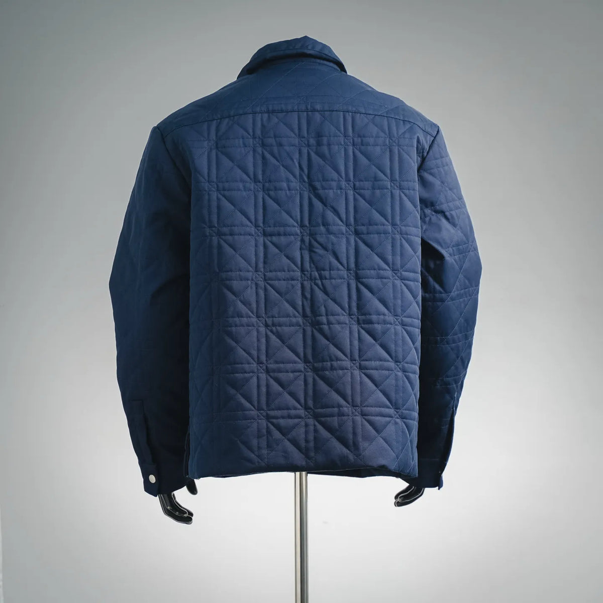 Blue quilted coat with stand collar and full back yoke stitching