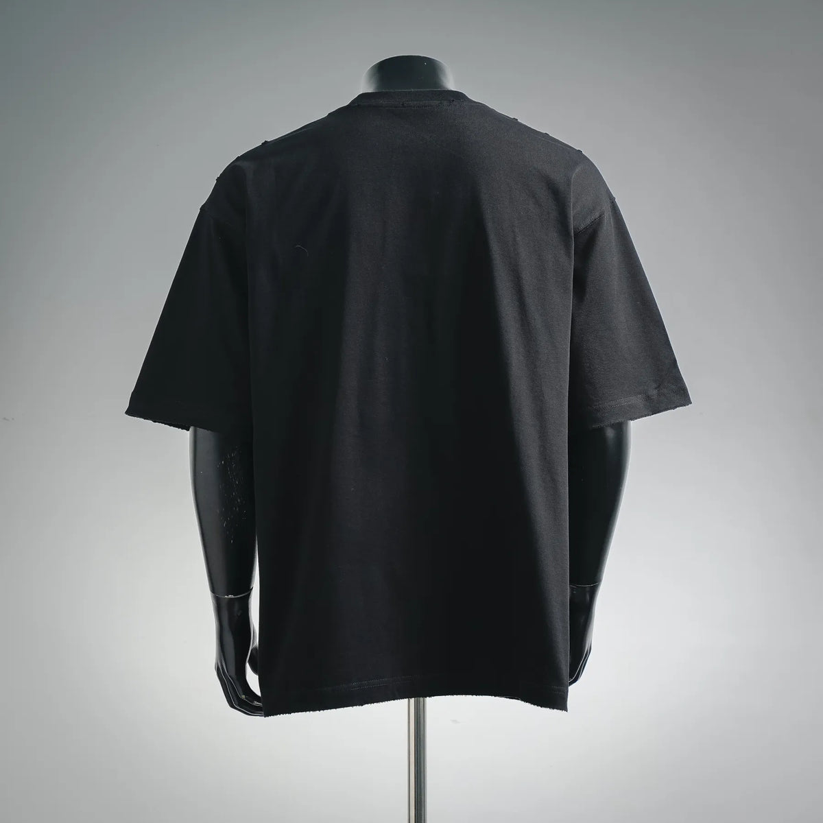Black crewneck T-shirt, plain back view with short sleeves