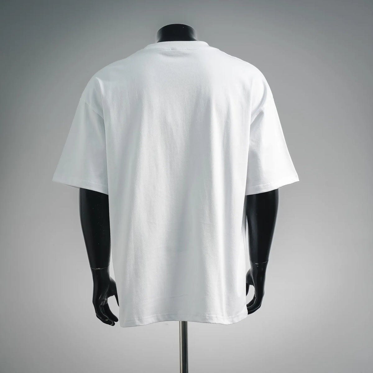 White crewneck short-sleeve T-shirt, back view on a mannequin