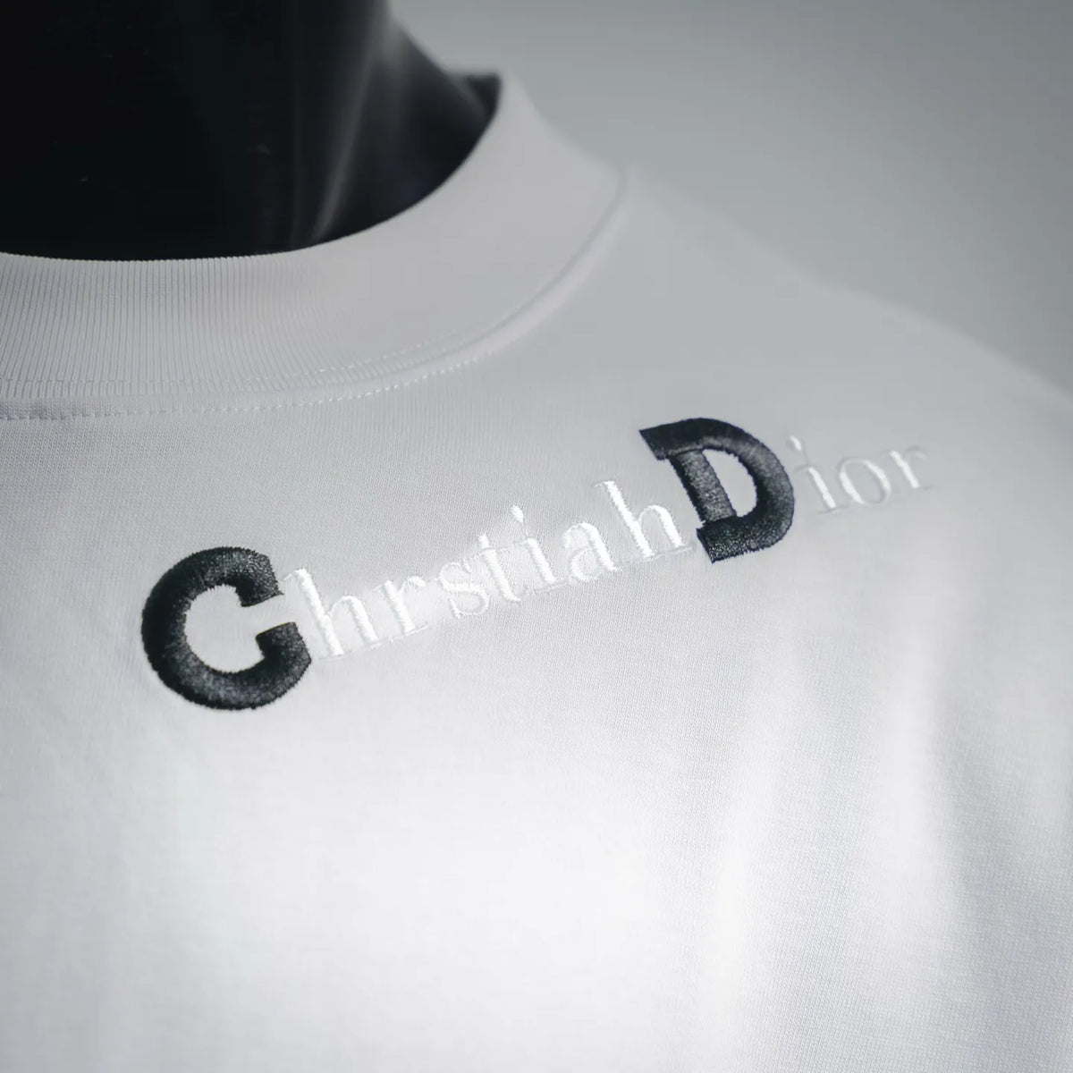 White crewneck T-shirt with black Dior logo and text print