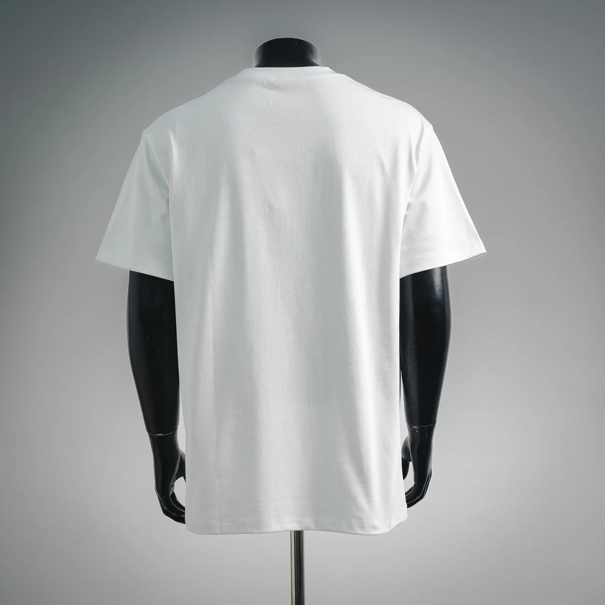 White short-sleeve T-shirt, back view on mannequin
