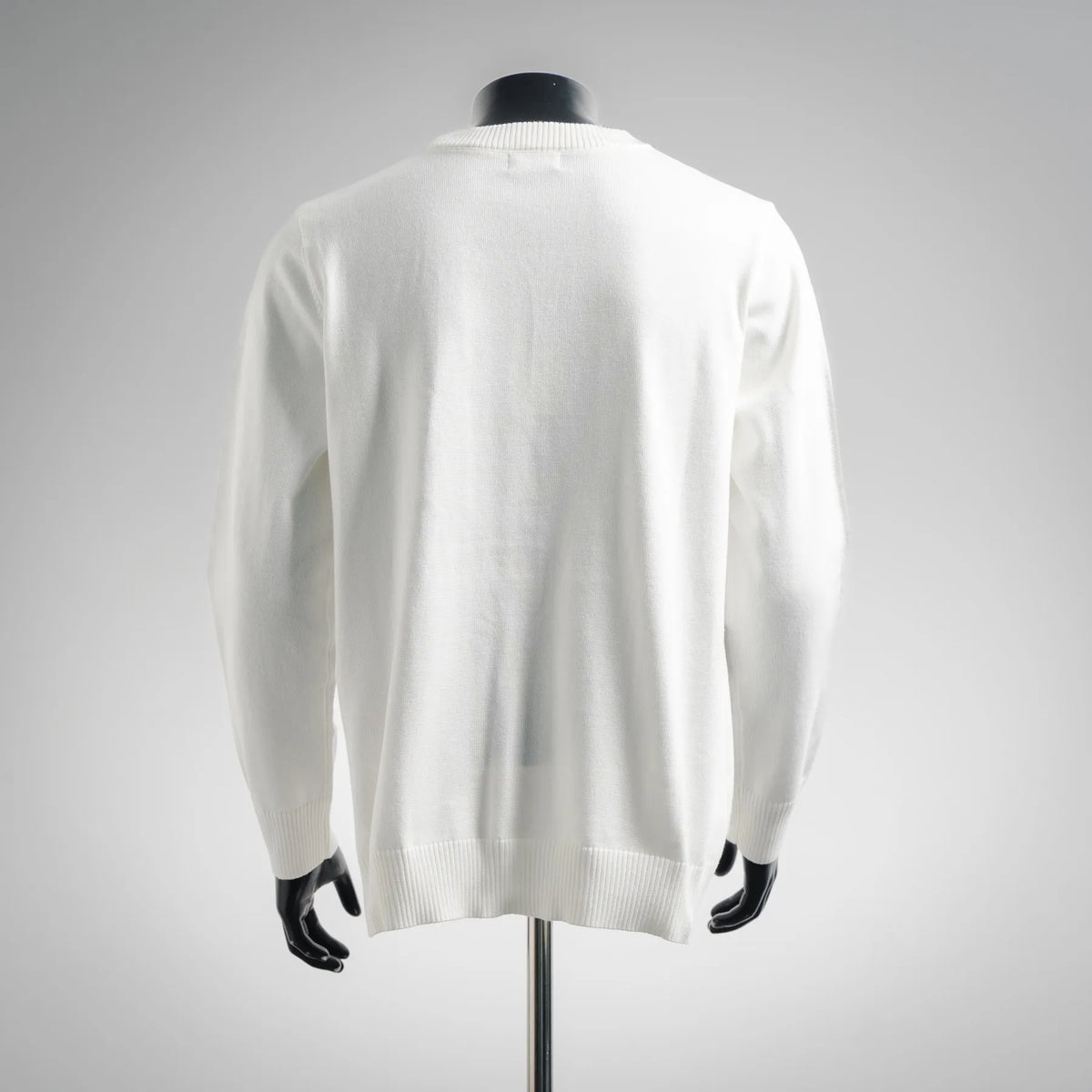 White long-sleeve crewneck sweater, plain back with ribbed cuffs and hem