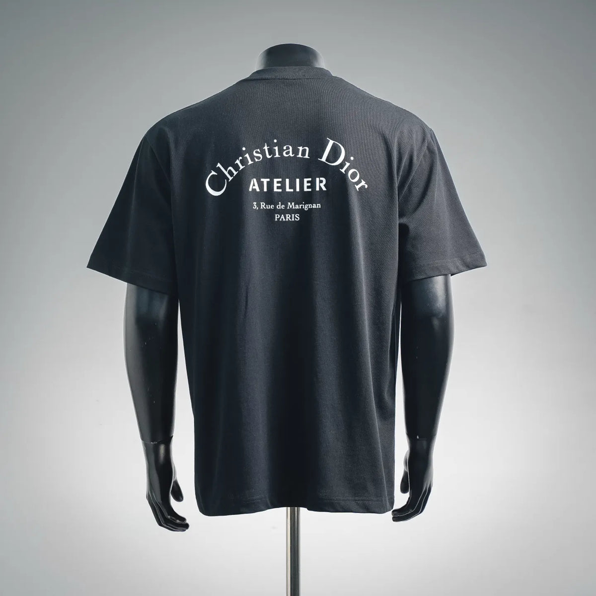 Black crew-neck T-shirt with Dior Atelier logo on the back