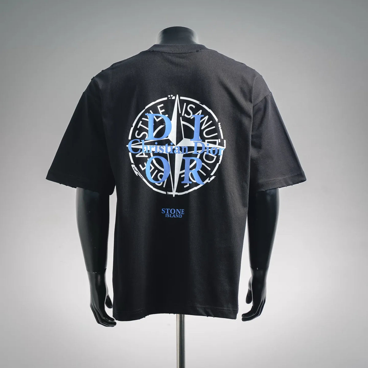 Black crewneck T-shirt with large back Dior logo graphic and text
