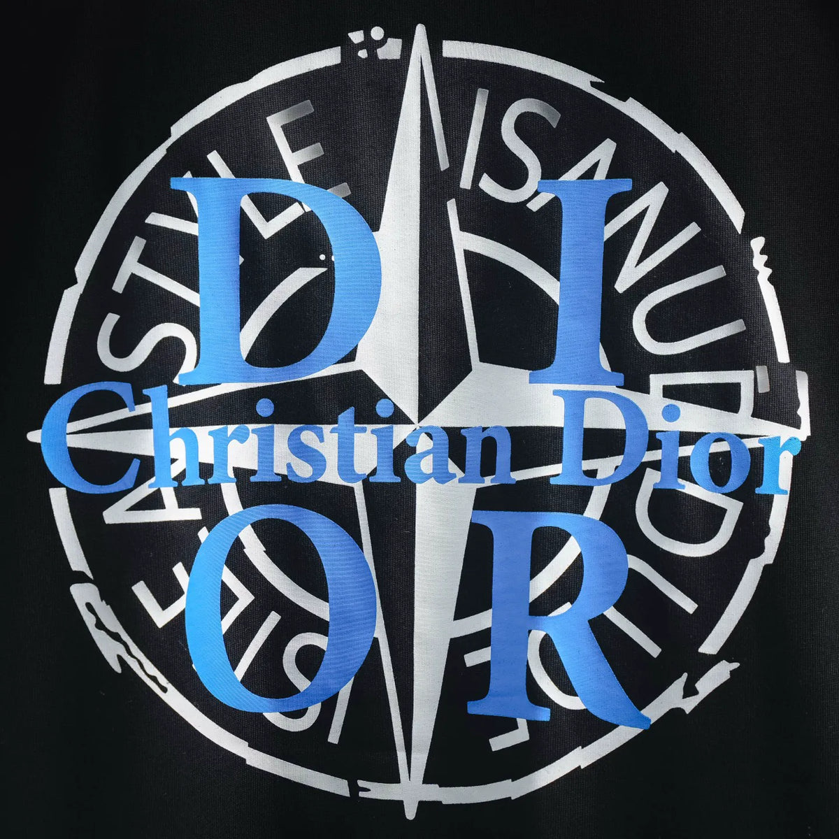 Close-up of blue and white Dior logo graphic on black T-shirt