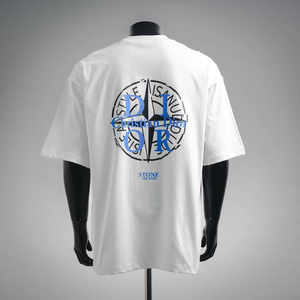 White Dior short-sleeve T-shirt with large blue back logo graphic