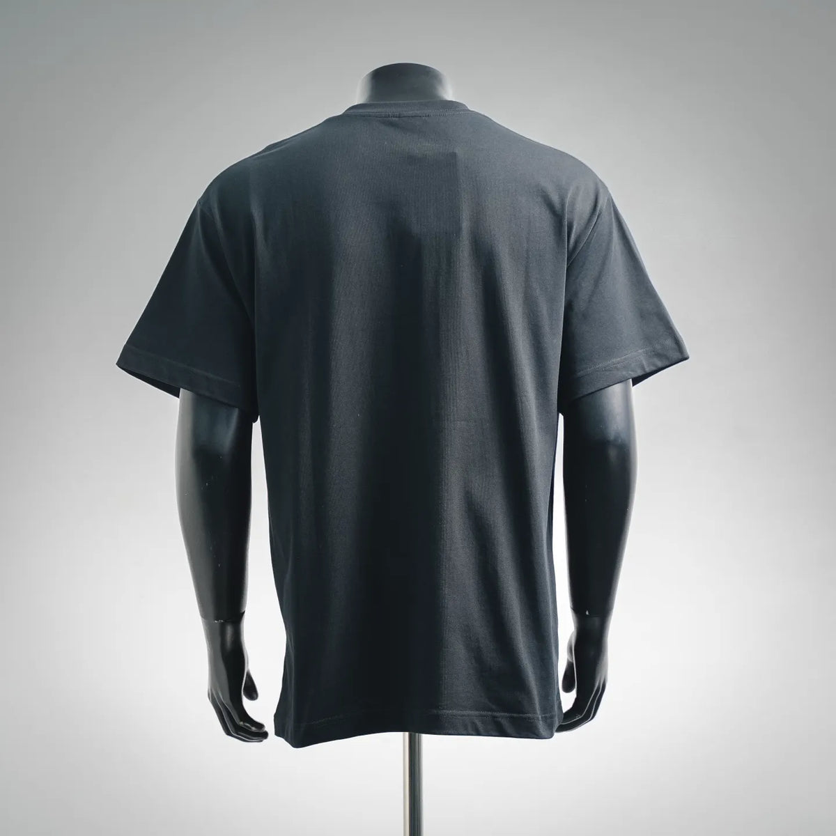 Dark short-sleeve crew neck T-shirt on a mannequin, plain back view