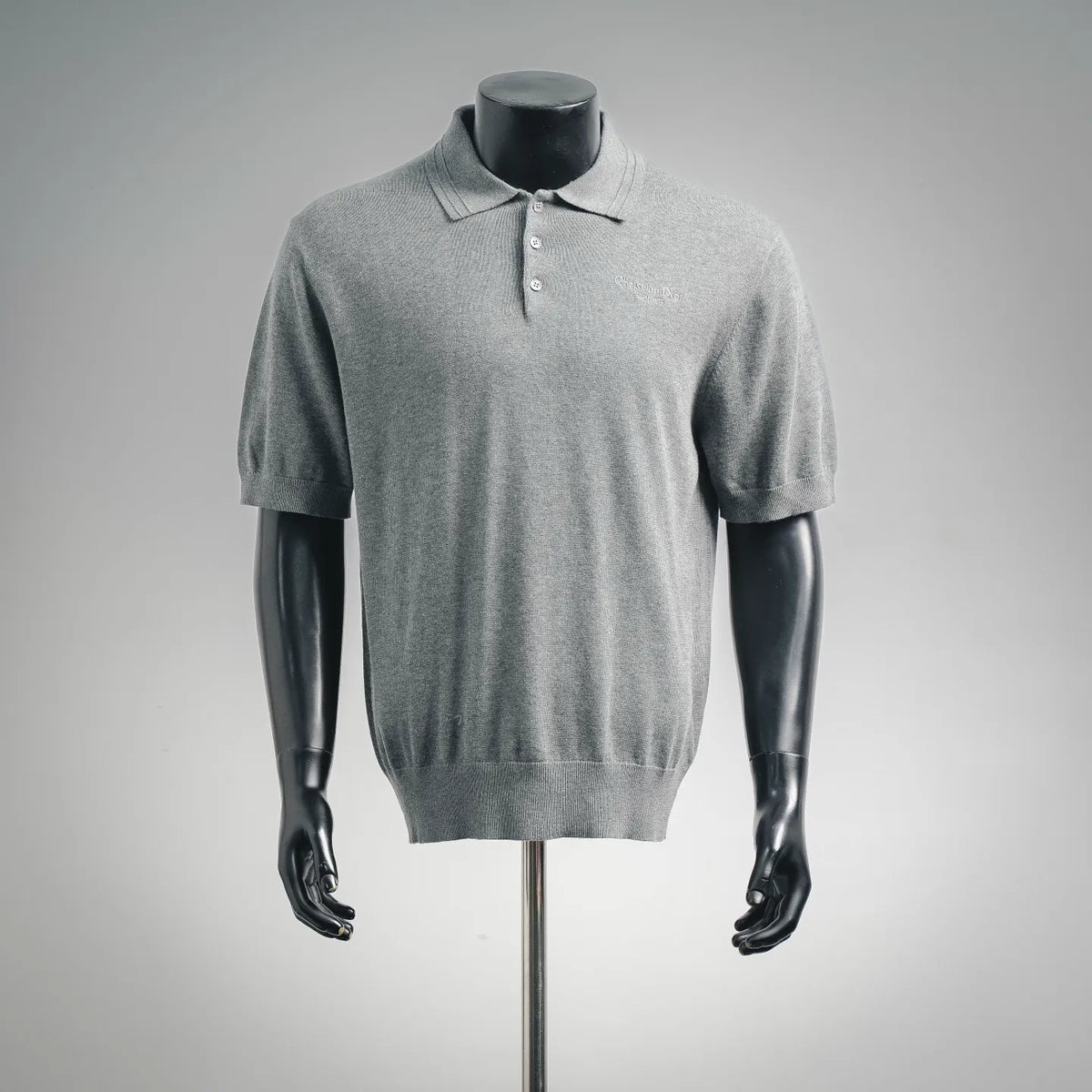 Dior knit polo shirt, short sleeves, light heather gray with button placket