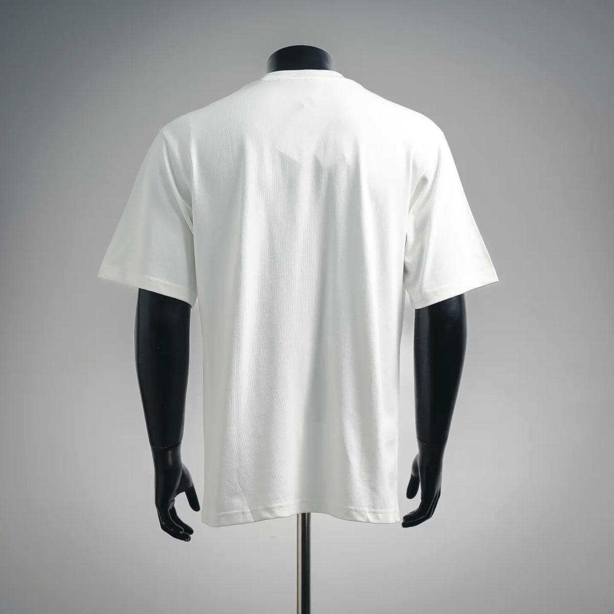White short-sleeve T-shirt, back view on mannequin